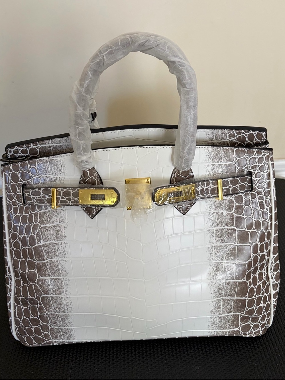 Vegan Leather White and Brown Croc Satchel Bag with Gold Hardware With Strap